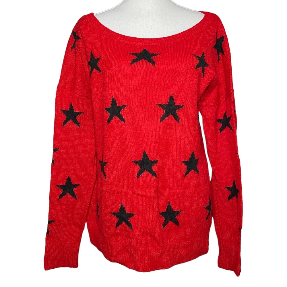 Wool Mohair Blend Sweater L Pullover Boat Neck Knit Star Patterned Red Orange